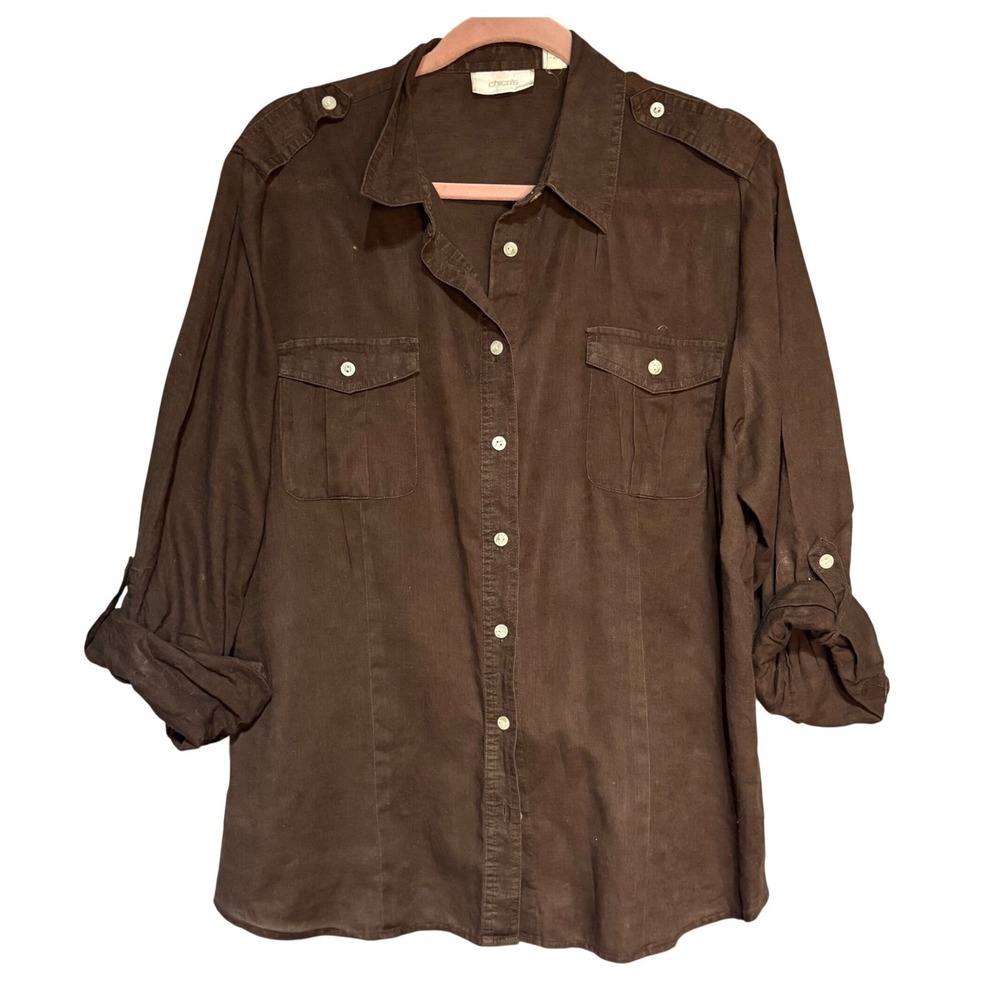Chico's Brown Linen Cotton Utility Button Down Shirt Roll Tab Sleeve Size 3 XL‎